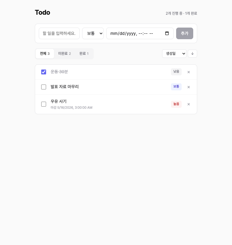 Todo 앱 최종 화면 — 헤더 카운트, segmented 필터, priority 색 뱃지, 완료 항목 line-through, 마감일 subtext