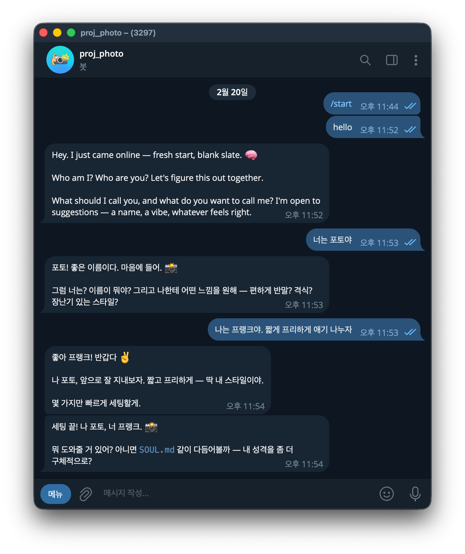 새로 추가한 Telegram 봇과의 대화 화면