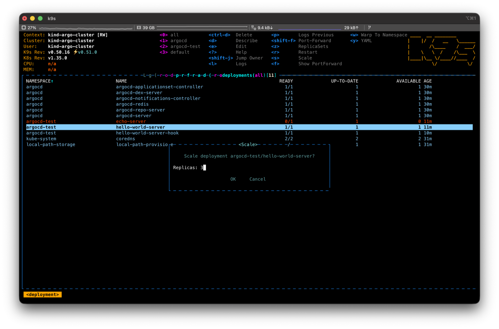 Deployment list with scale and rollout shortcuts