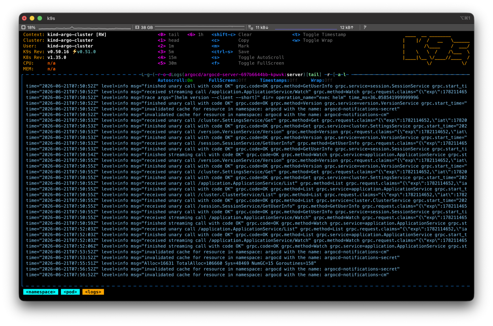 Real-time Pod log viewing screen