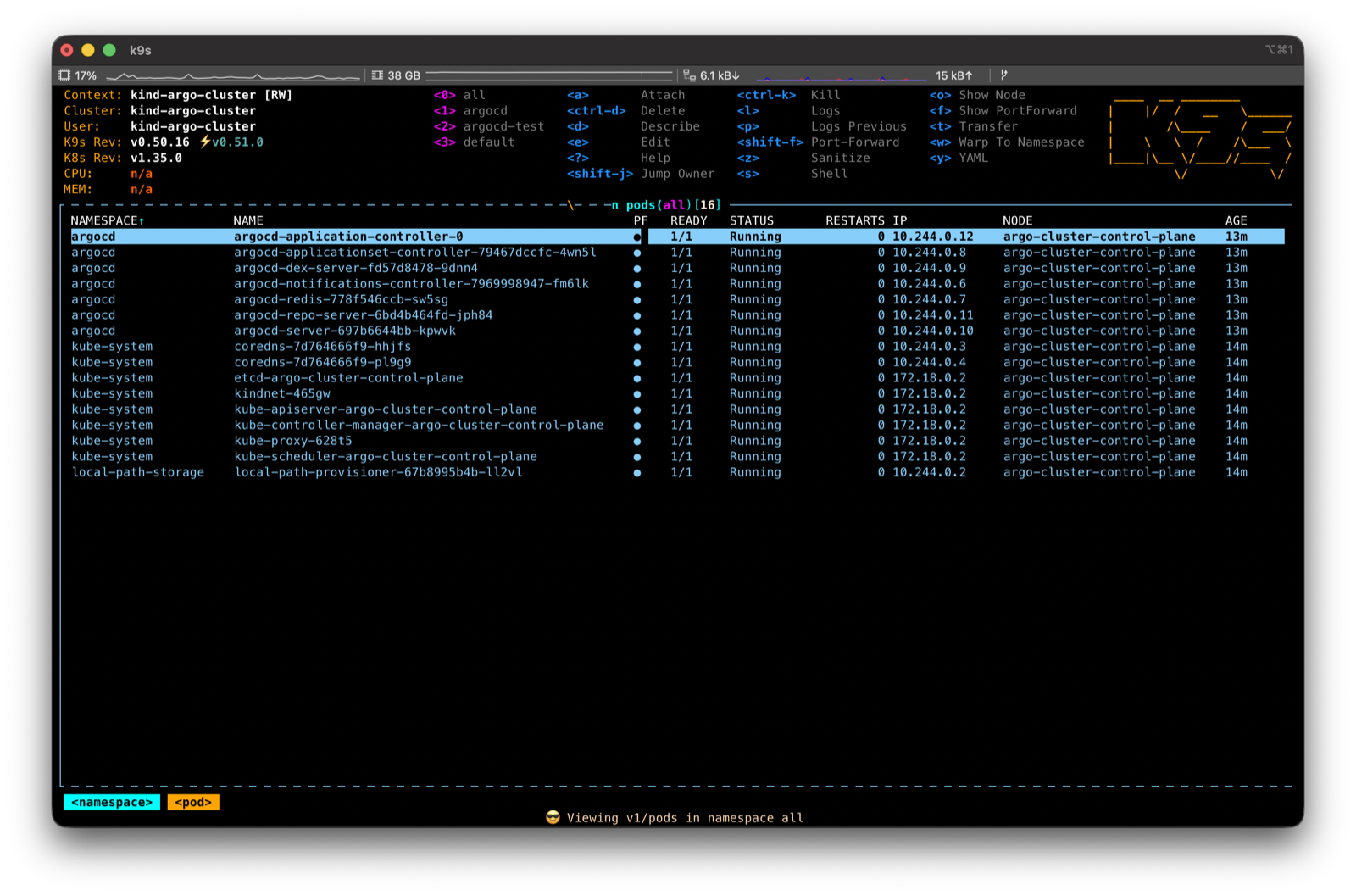 k9s first-run screen layout