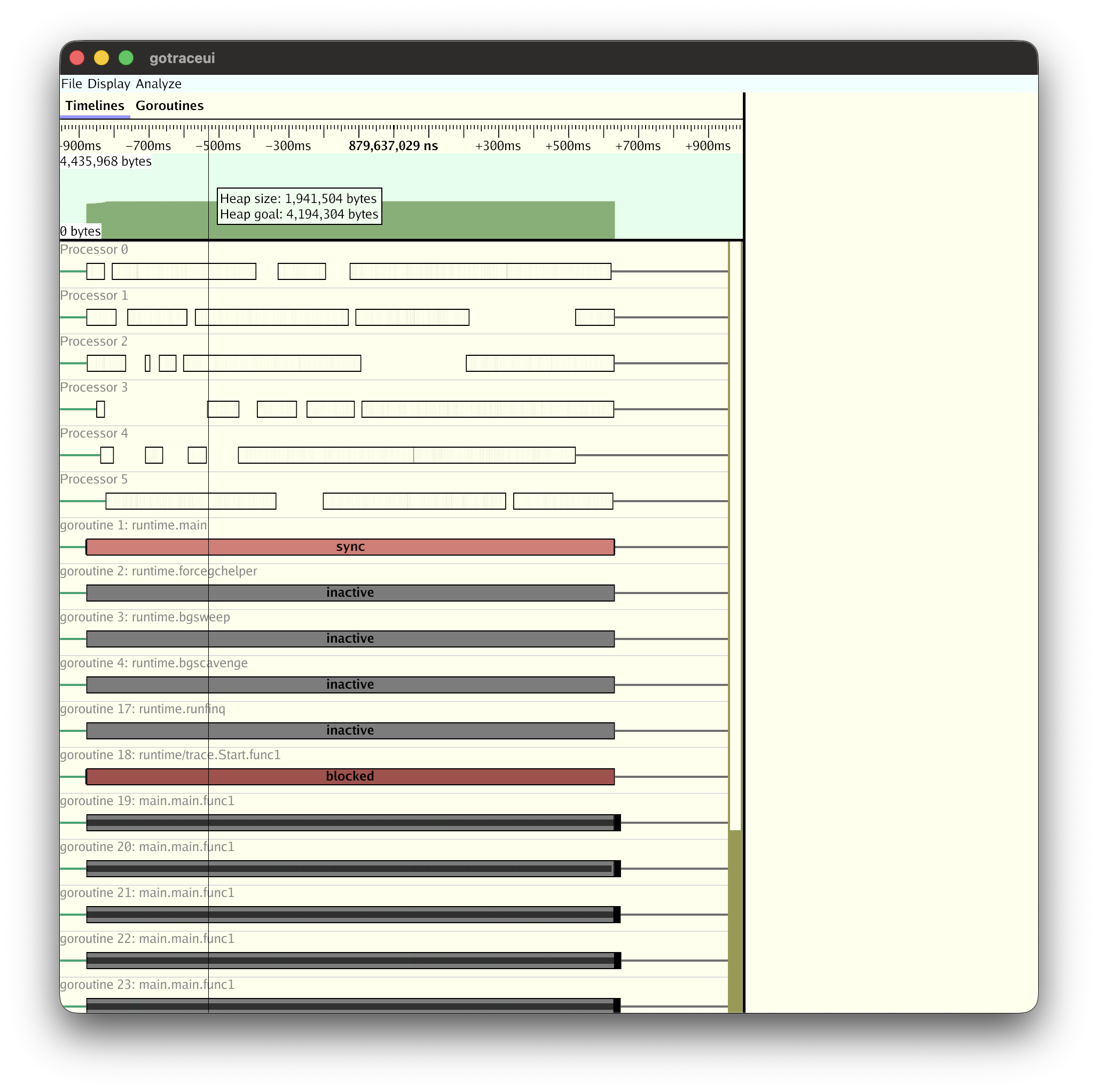 gotraceui Timelines 뷰 - Processor별 goroutine별 타임라인