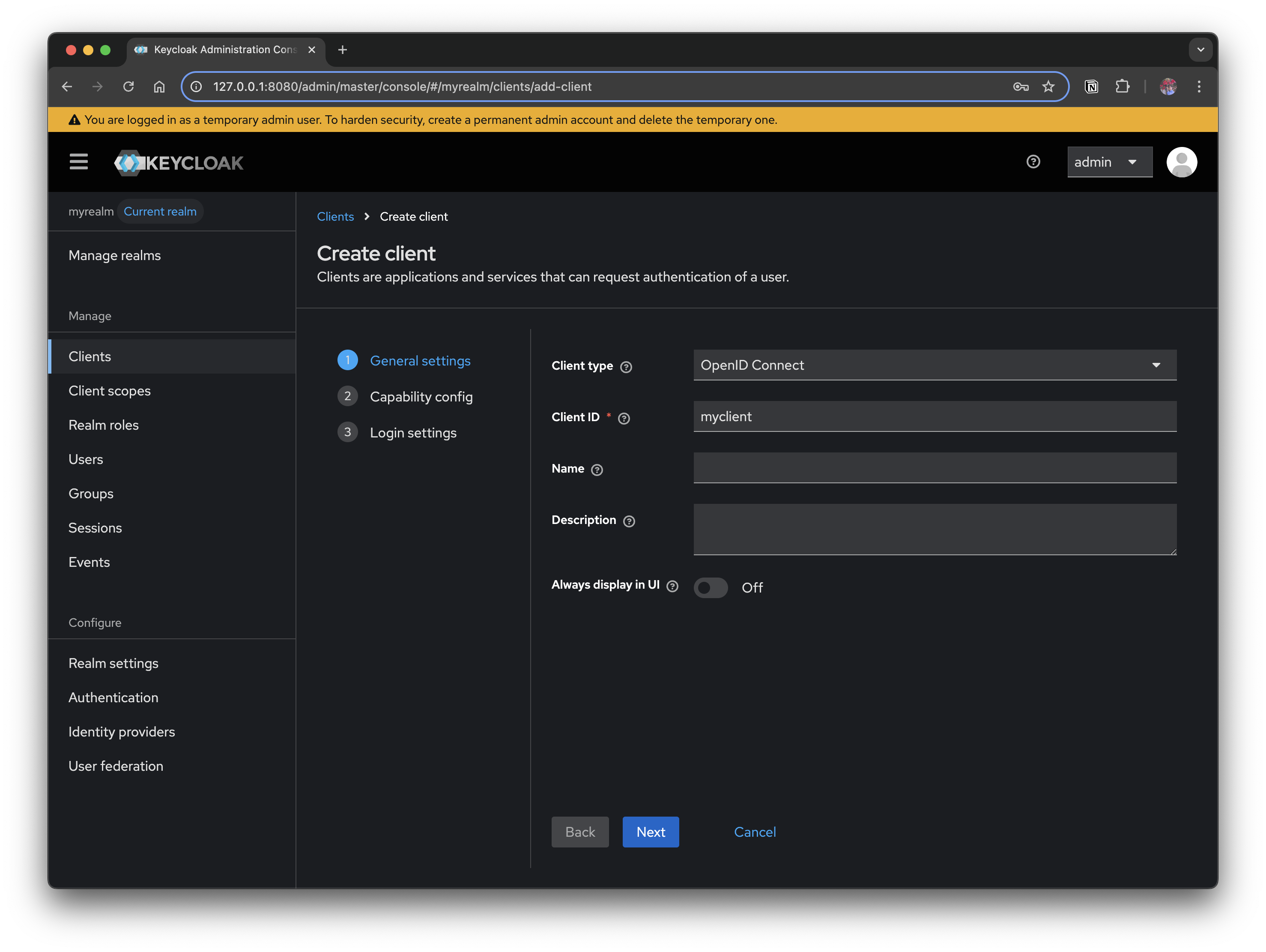 Create client - General settings