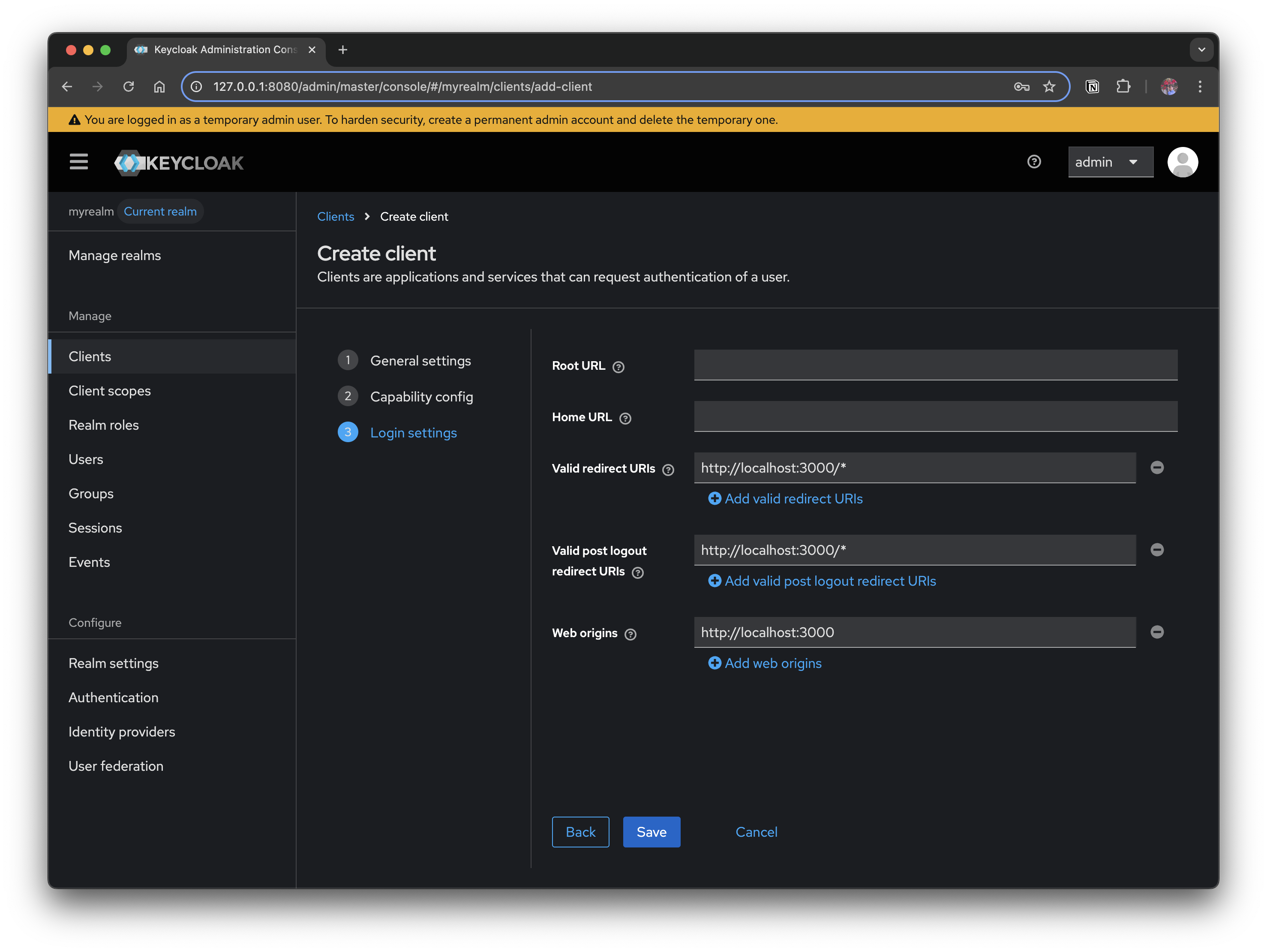 Create client - Login setings