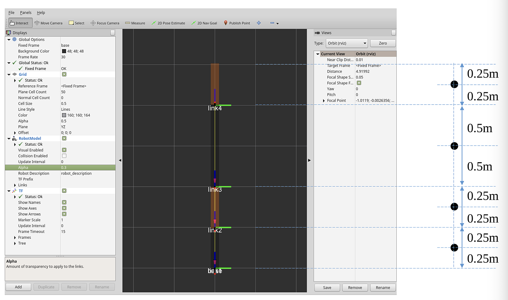 RViz에서 각 조인트와 링크의 모습