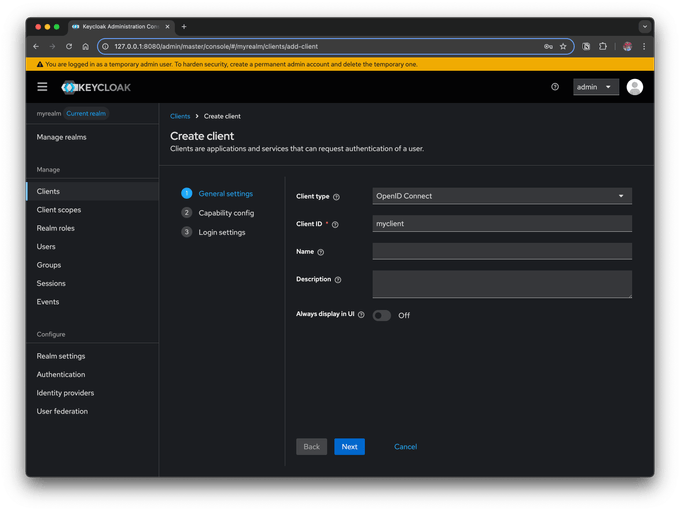 Create client - General settings