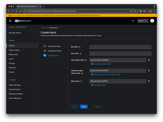 Create client - Login setings
